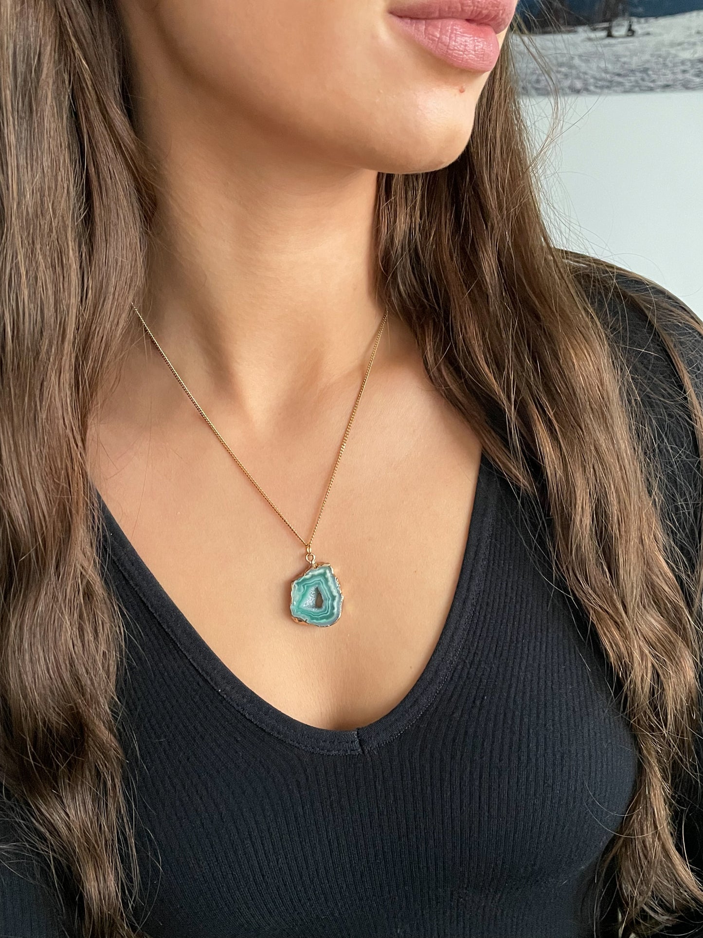 Agate geode necklace 20 (green/gold)