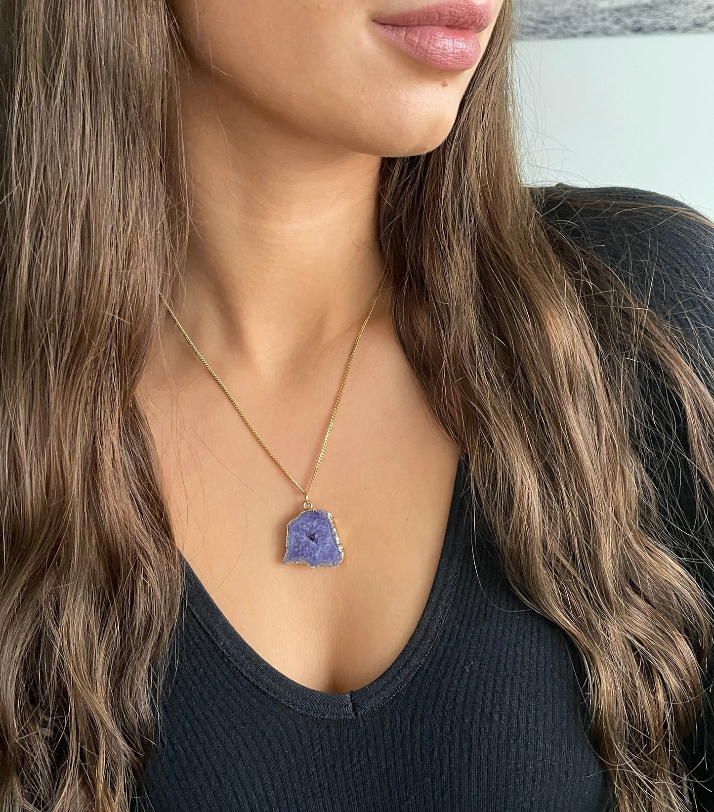 Agate geode necklace 15 (purple/gold)