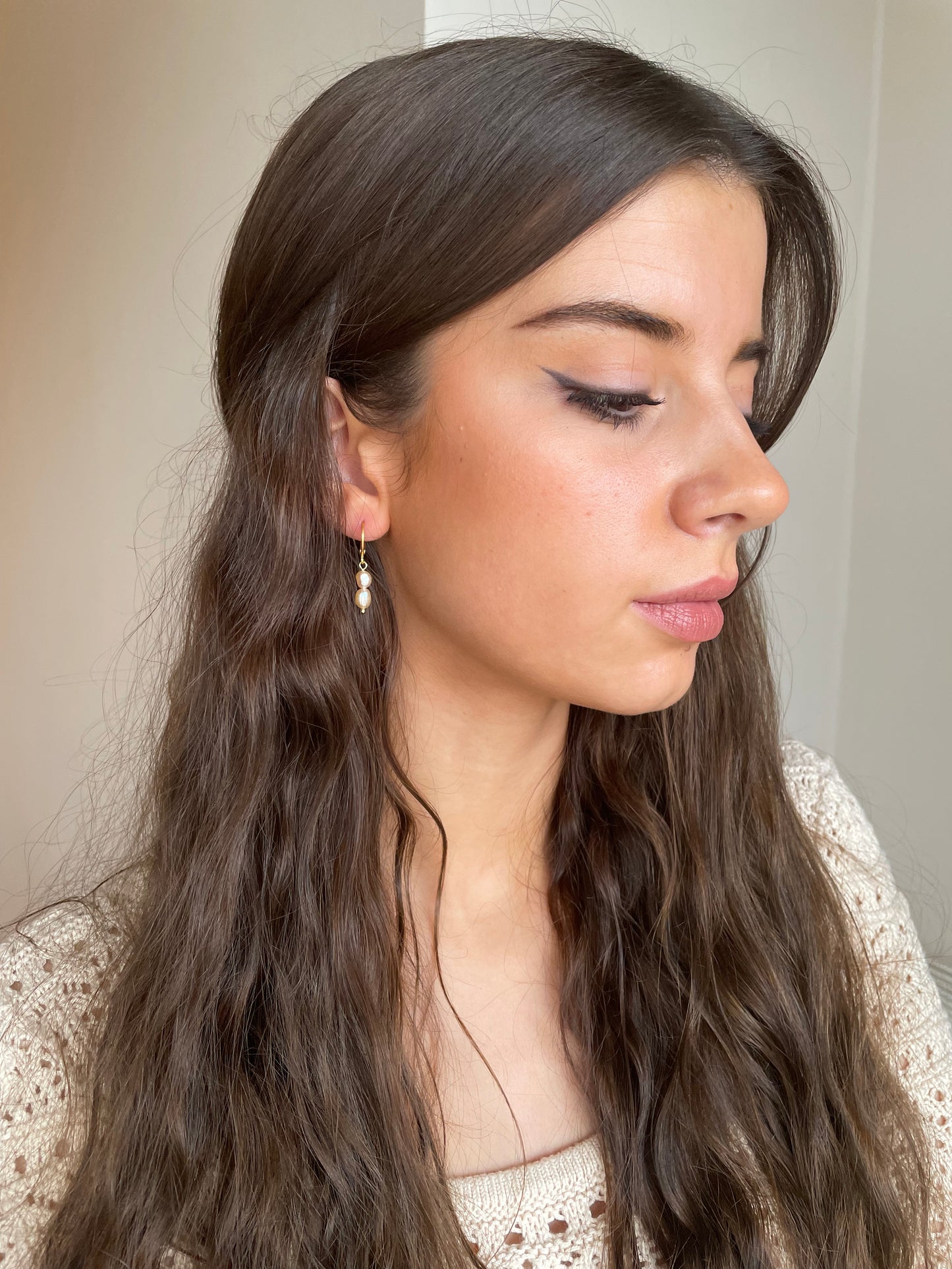 Double peach pearl earrings