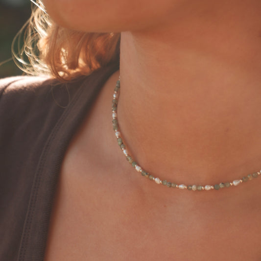 Green apatite and pearl necklace