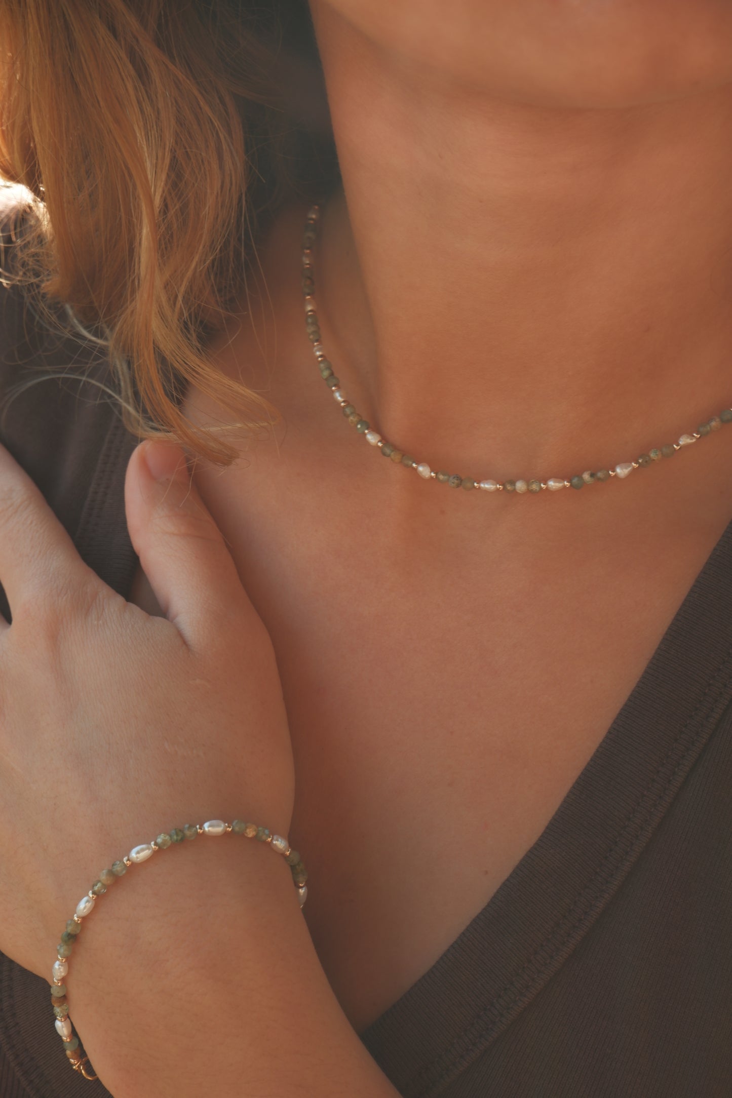 Green apatite and pearl necklace