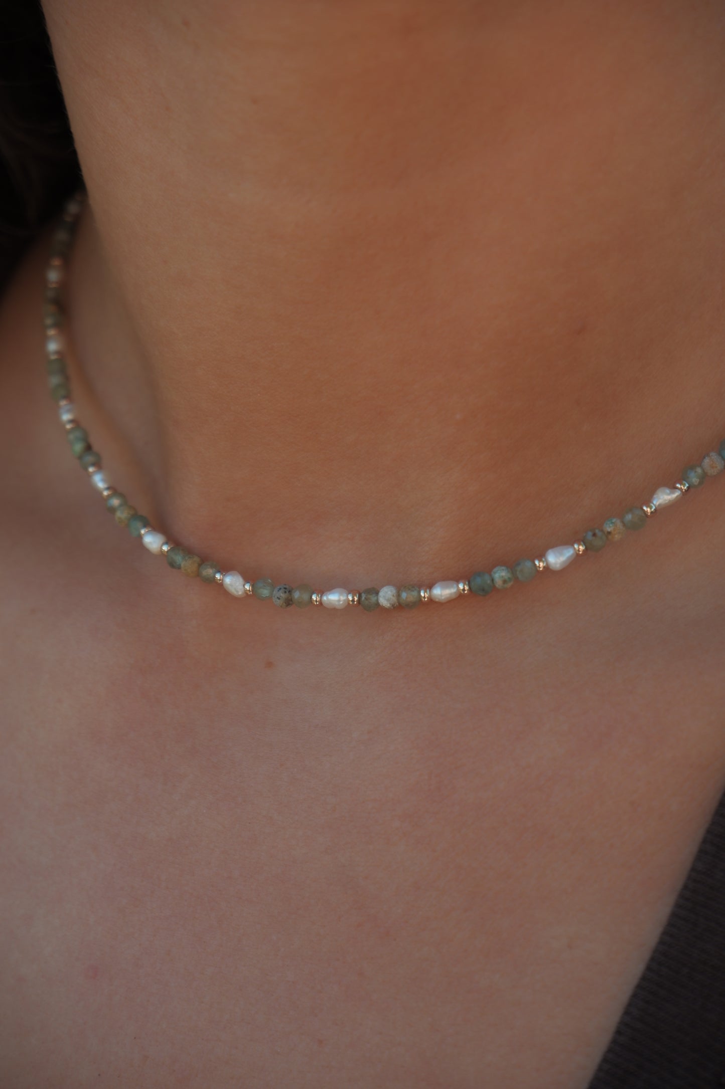 Green apatite and pearl necklace