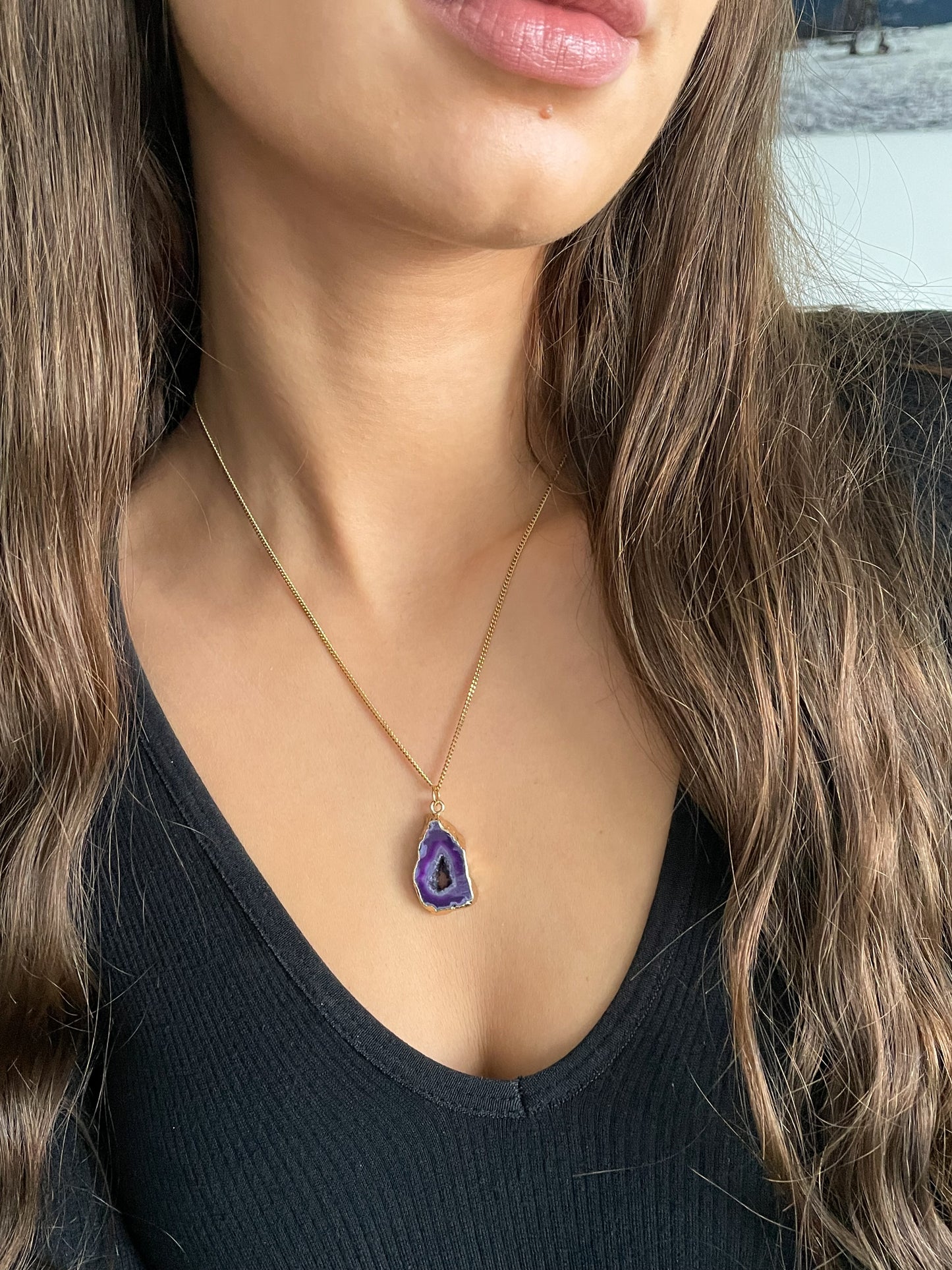 Agate geode necklace 16 (purple/gold)