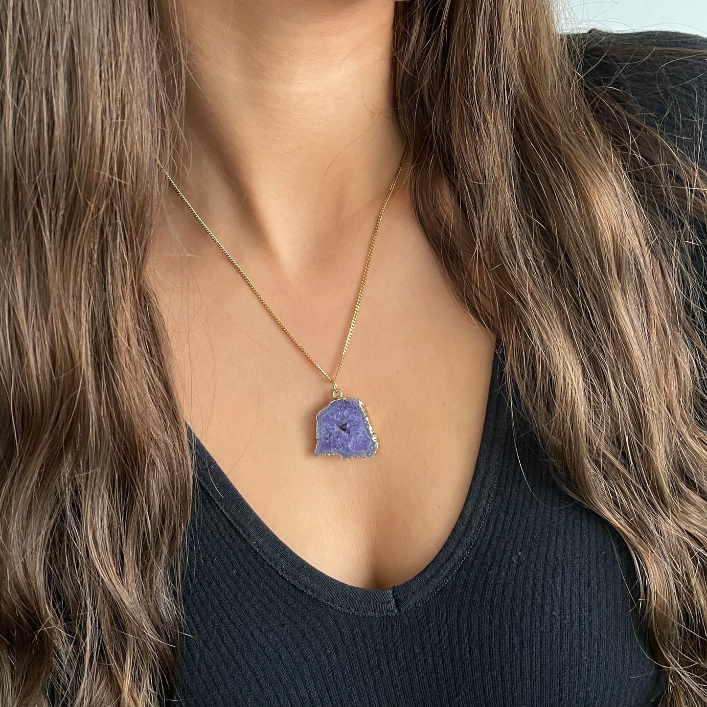Agate geode necklace 15 (purple/gold)