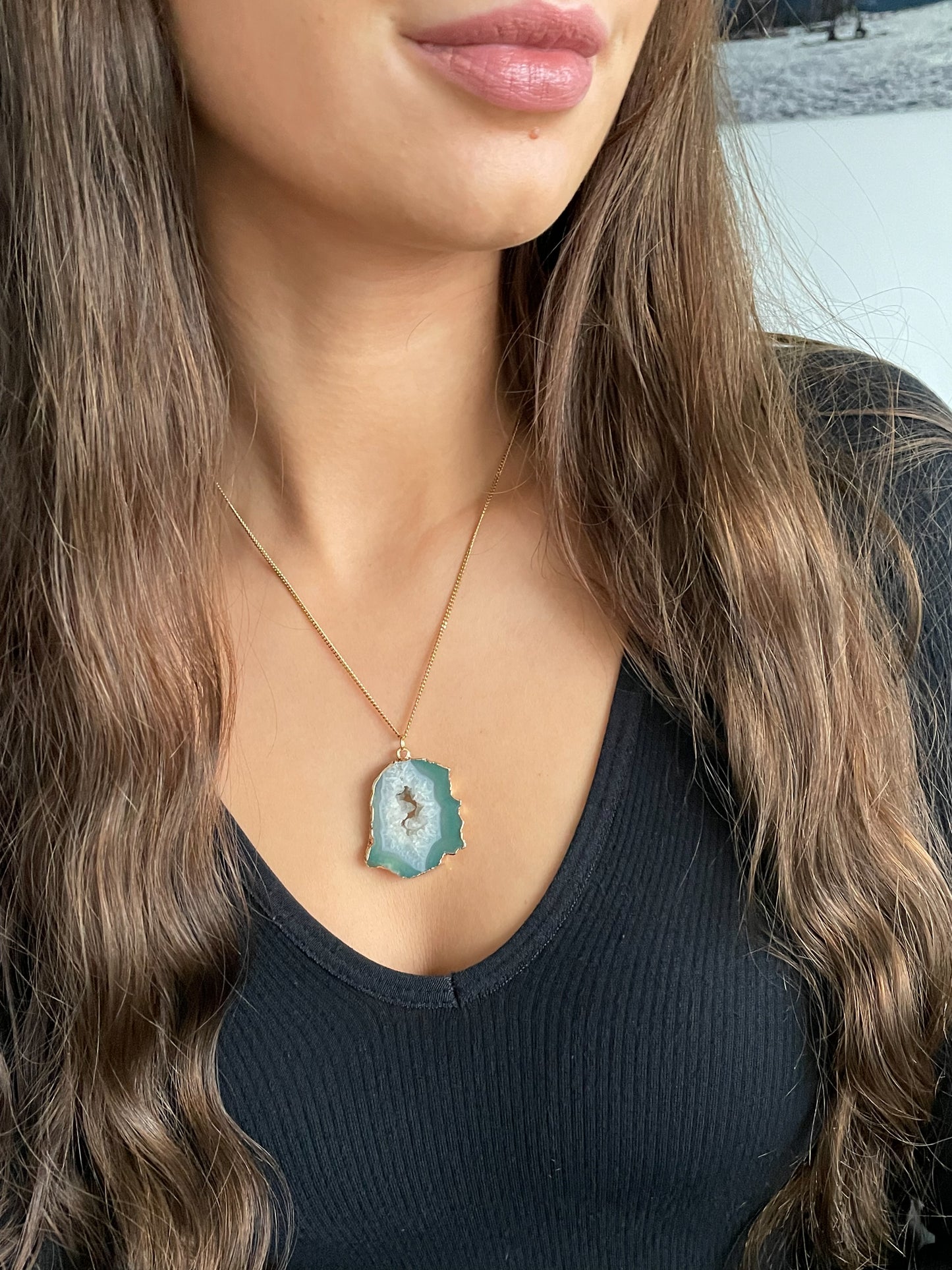 Agate geode necklace 21 (green/gold)