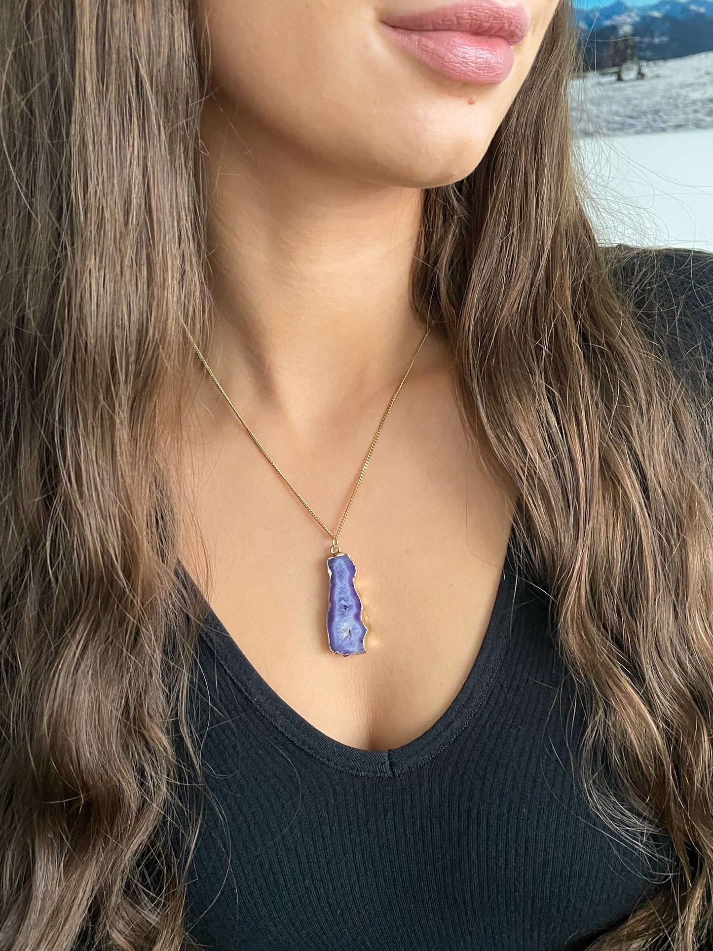 Agate geode necklace 17 (purple/gold)